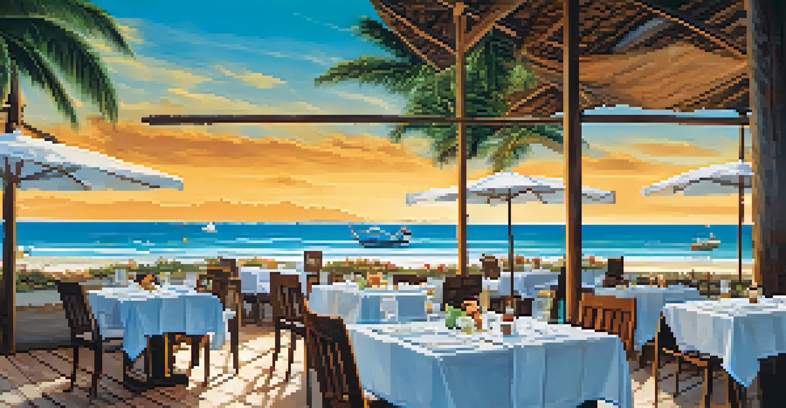 A picturesque beachfront restaurant in Florianópolis with a table full of shrimp dishes and a beautiful beach view.