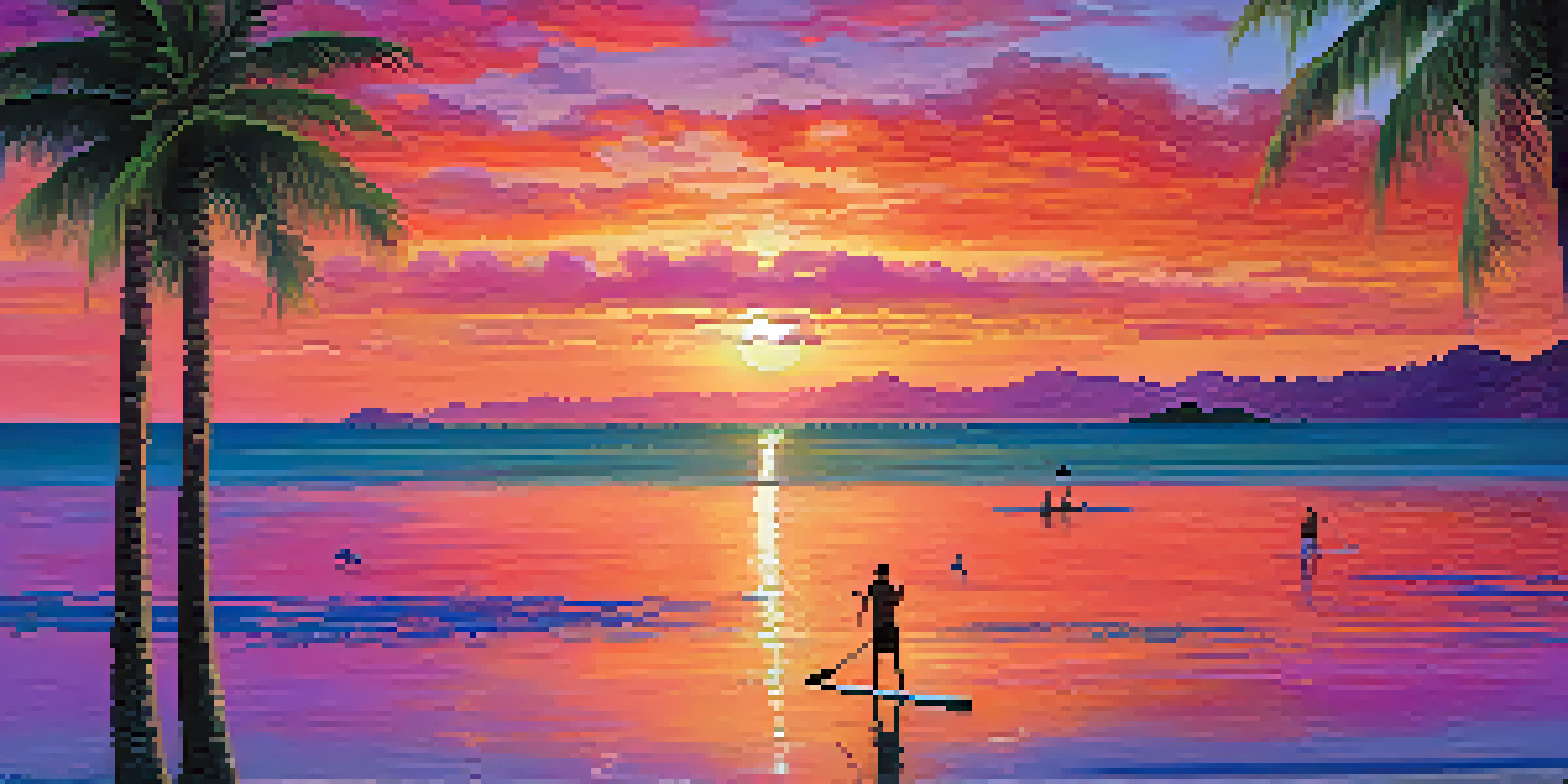 A serene sunset view over Bahia's waters, with a paddleboarder and palm trees in the foreground.