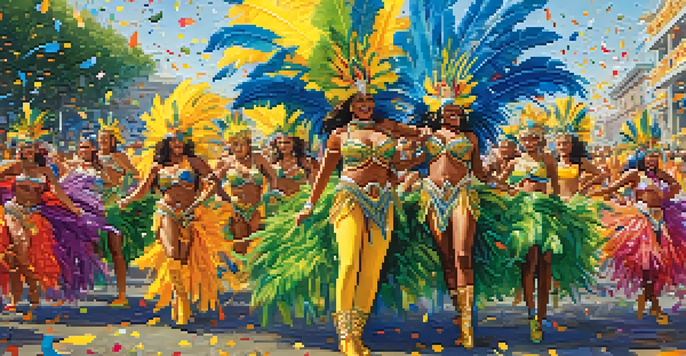 A lively Carnaval celebration in Brazil, featuring dancers in colorful costumes and a festive atmosphere.