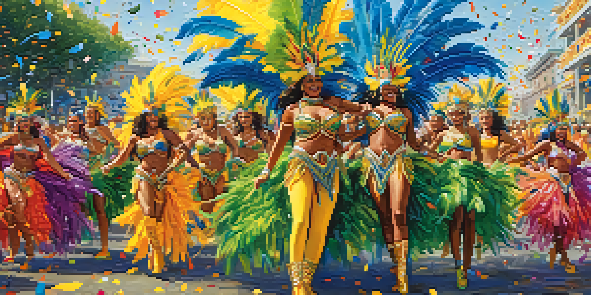 A lively Carnaval celebration in Brazil, featuring dancers in colorful costumes and a festive atmosphere.