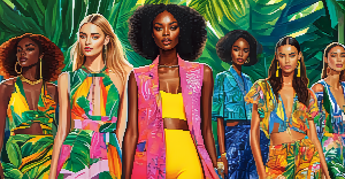 A lively runway at Rio's Fashion Week with models in colorful outfits and an enthusiastic audience, surrounded by tropical plants.