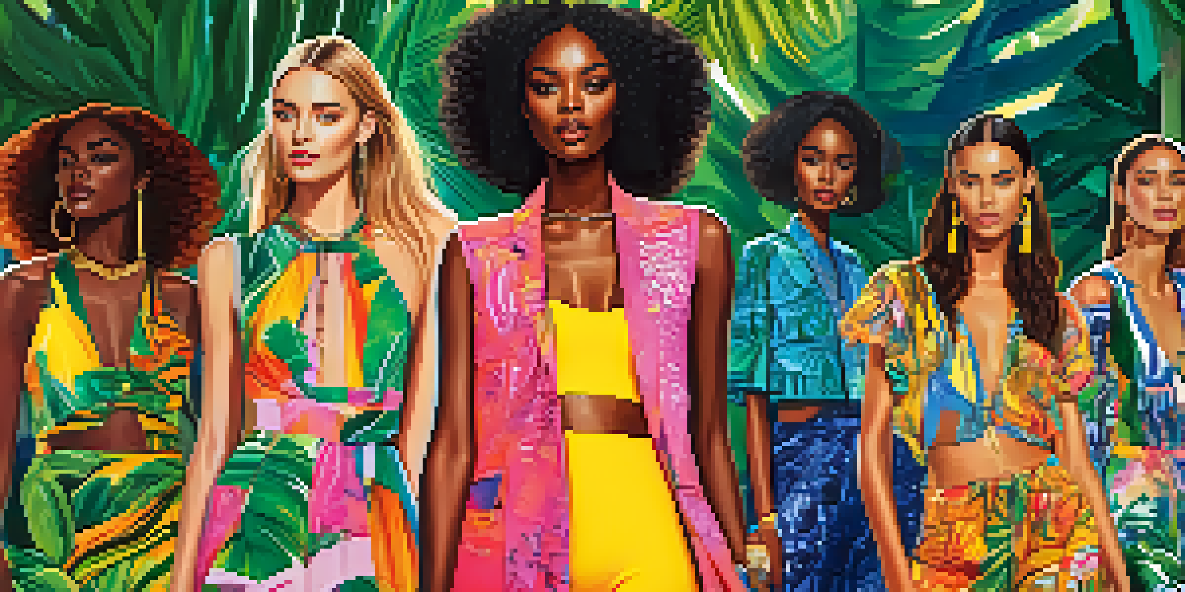 A lively runway at Rio's Fashion Week with models in colorful outfits and an enthusiastic audience, surrounded by tropical plants.