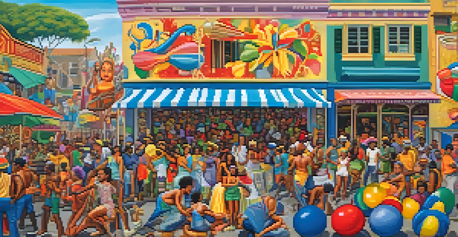 Artists working together on a large mural depicting samba and Carnival elements, with colorful decorations and onlookers.