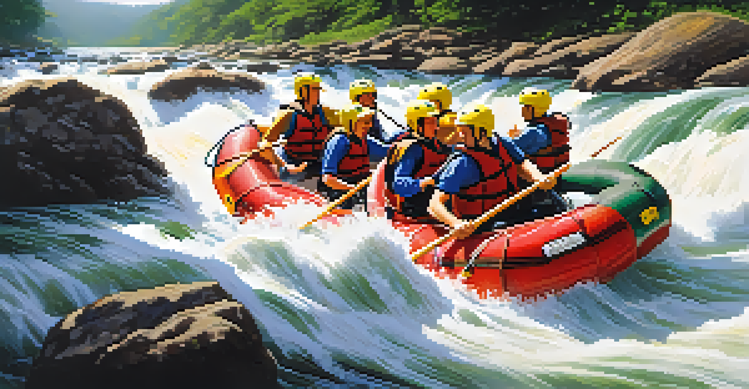 Participants enjoying white-water rafting in the rapids of Serra do Cipó, surrounded by lush trees and sparkling waters.