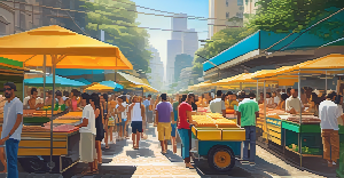 A lively street food market in São Paulo featuring colorful stalls and people enjoying traditional Brazilian snacks.