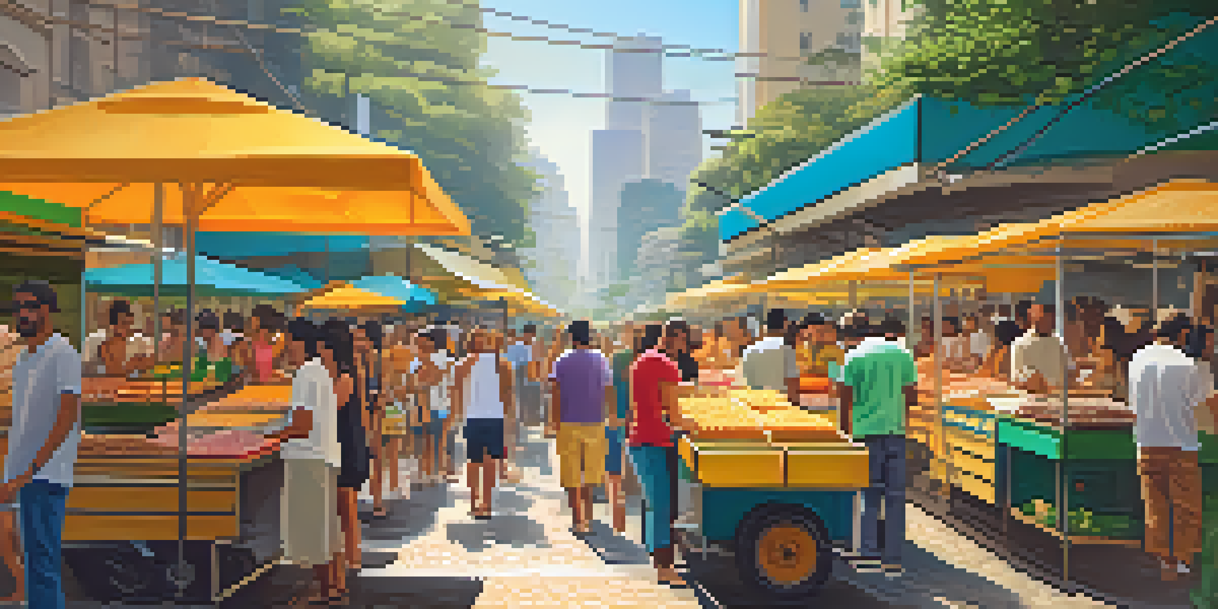 A lively street food market in São Paulo featuring colorful stalls and people enjoying traditional Brazilian snacks.
