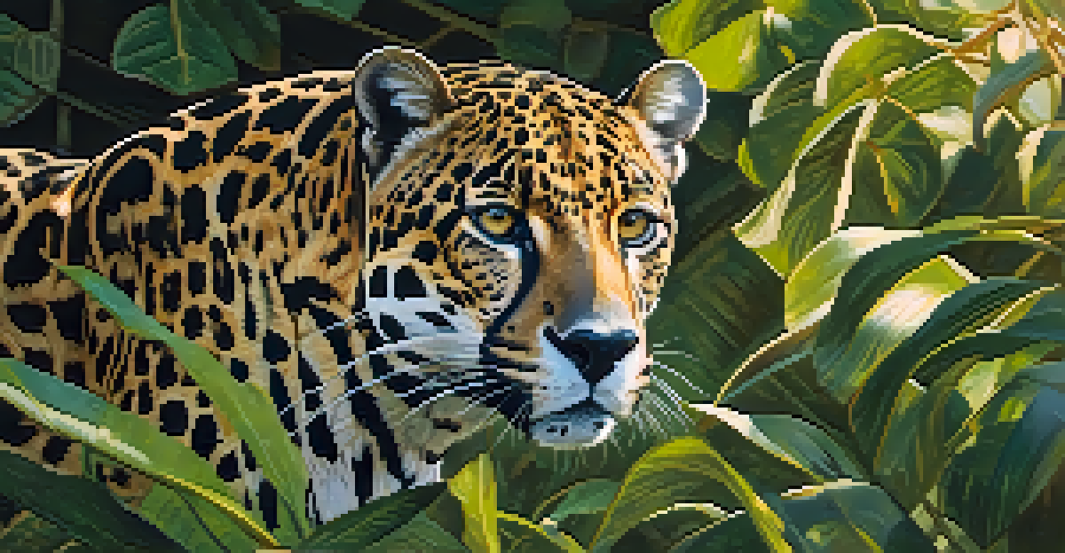 A close-up of a majestic jaguar in the Pantanal, with intricate coat patterns blending into the lush greenery, illuminated by soft sunlight.