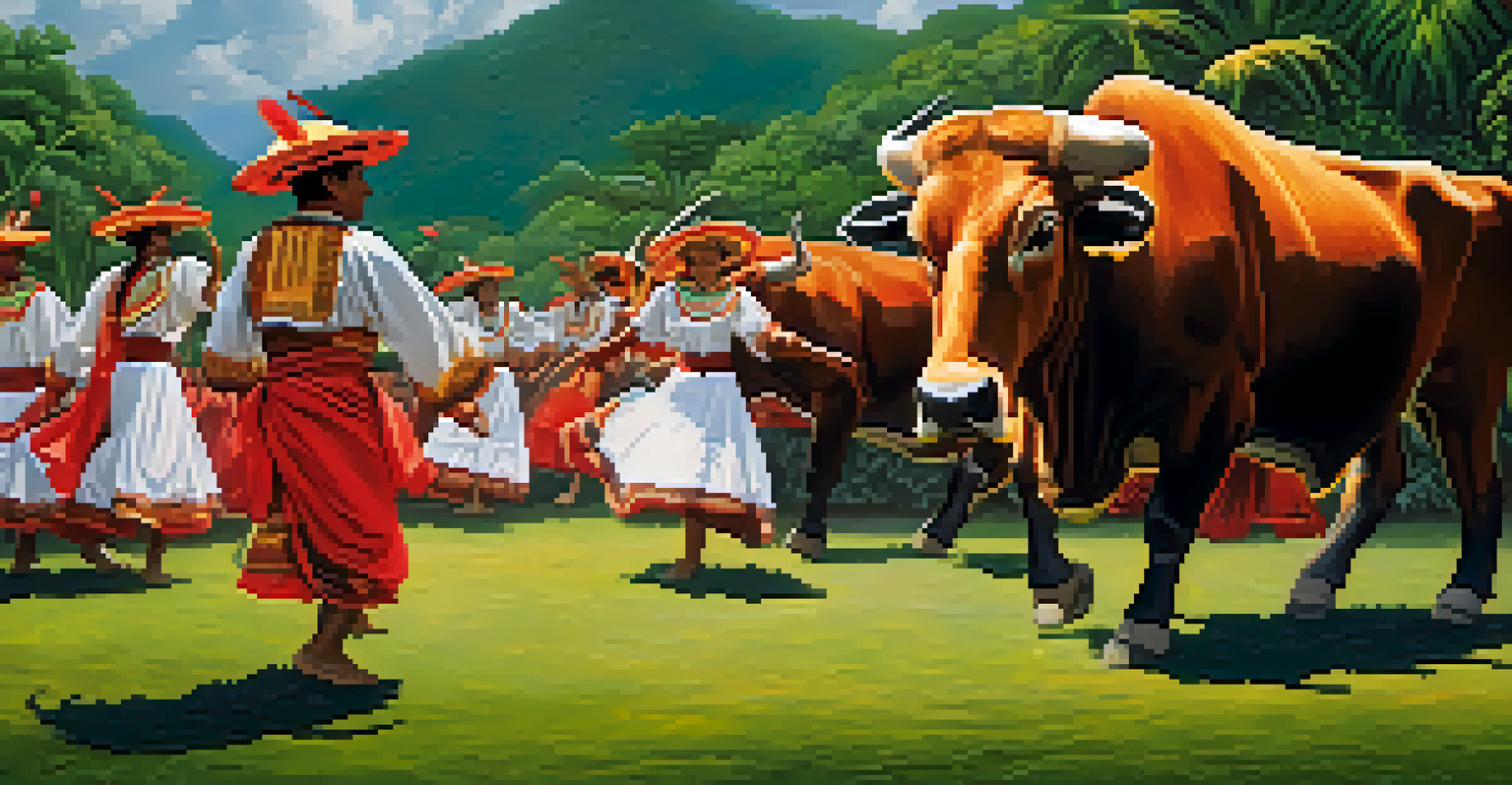 A performance from the Parintins Folklore Festival with performers in oxen costumes and a lush rainforest backdrop.