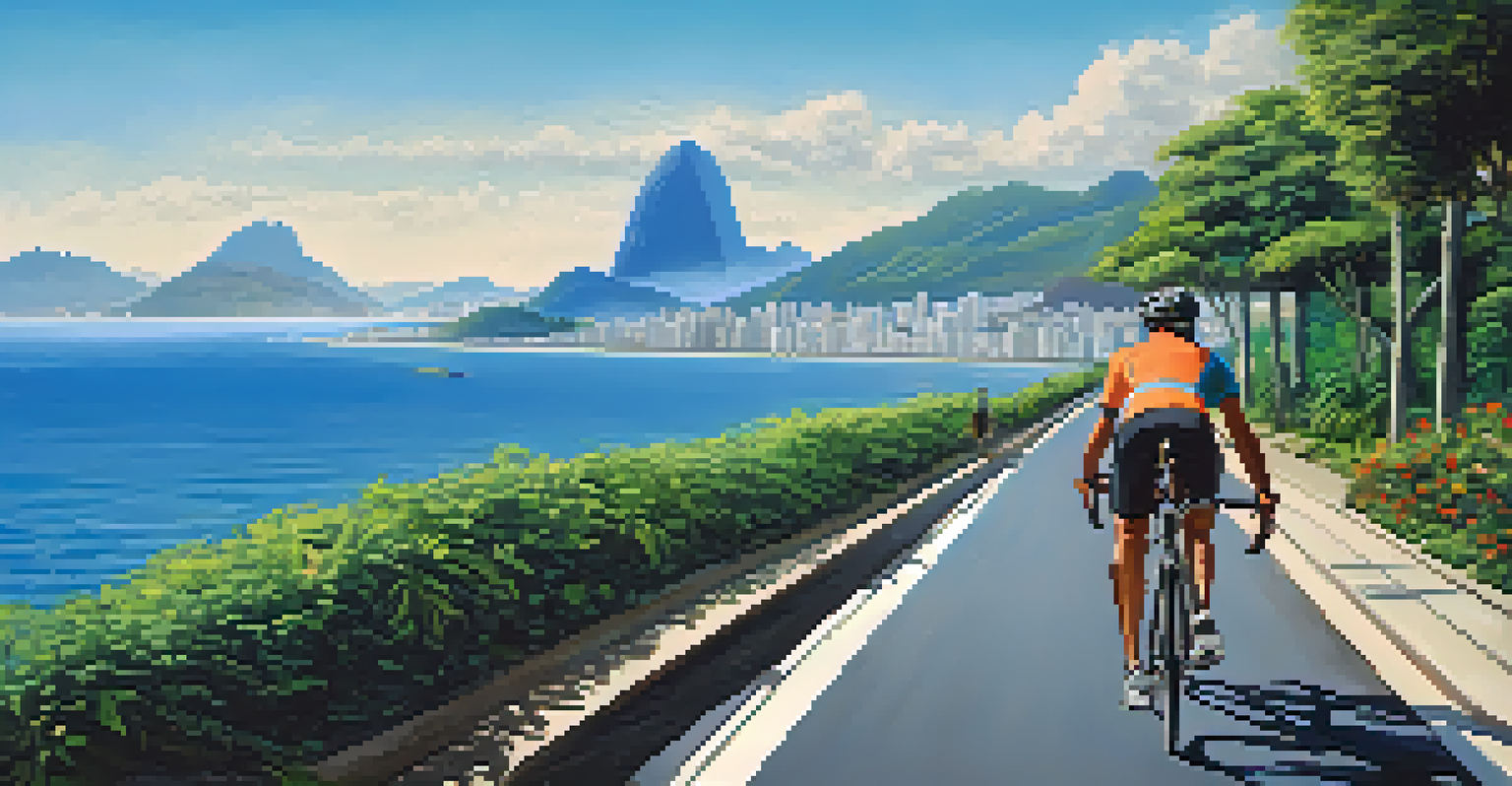 A cyclist on a bike lane in Rio de Janeiro with ocean and mountain views in the background.