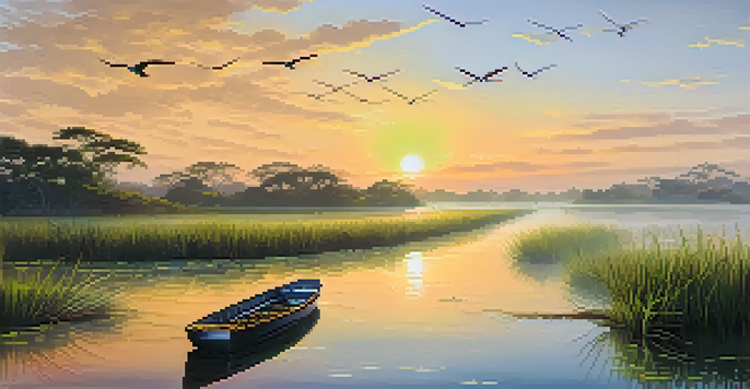 A tranquil Pantanal wetland scene at sunrise with a river and an eco-friendly boat, surrounded by greenery and wildlife.