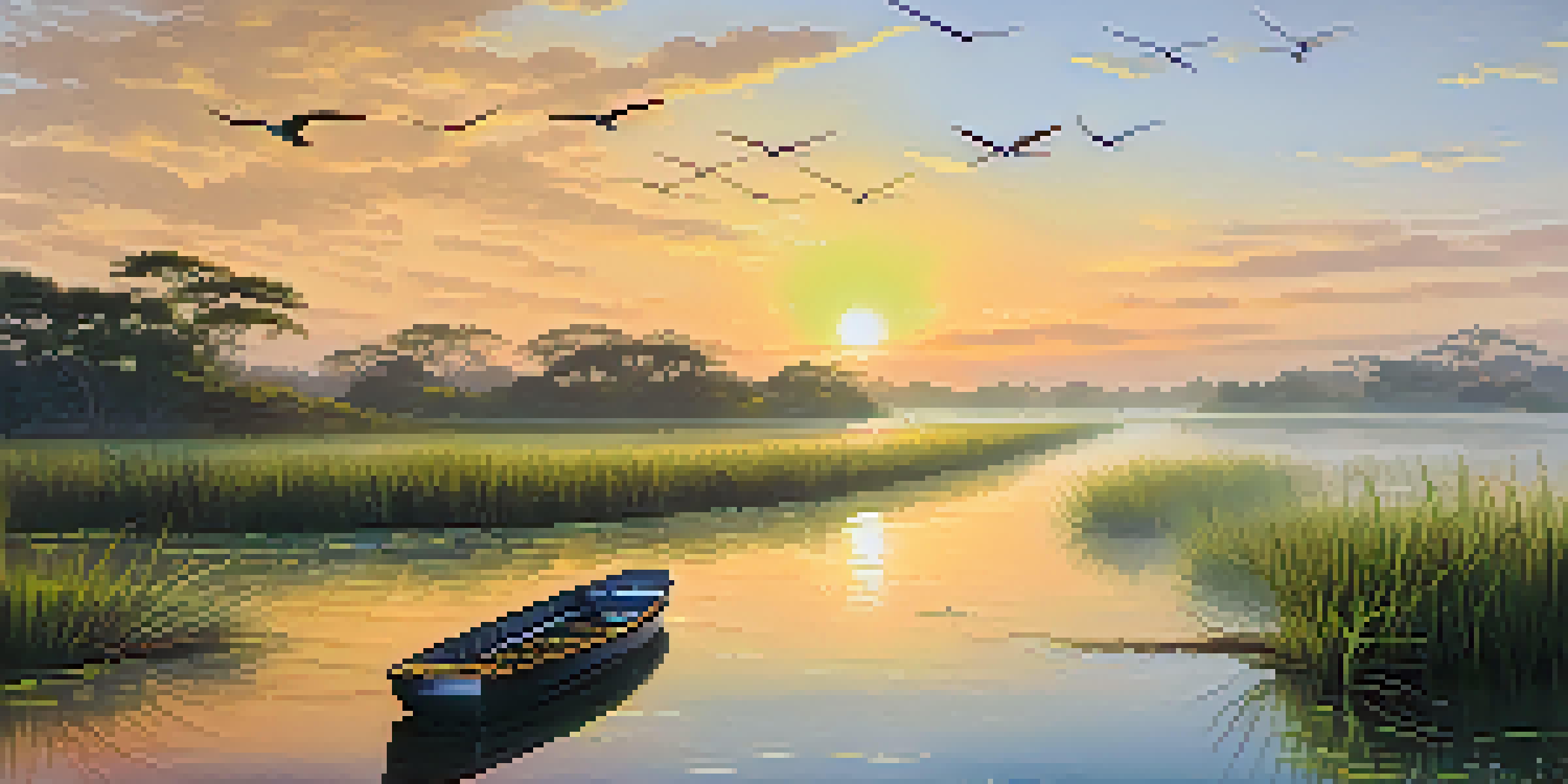 A tranquil Pantanal wetland scene at sunrise with a river and an eco-friendly boat, surrounded by greenery and wildlife.