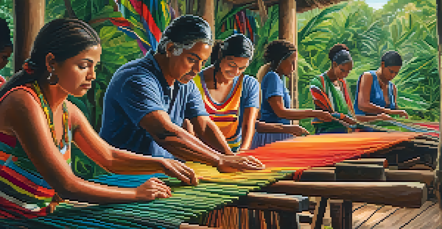 Participants weaving bright textiles in a green outdoor setting, with traditional looms and colorful threads.