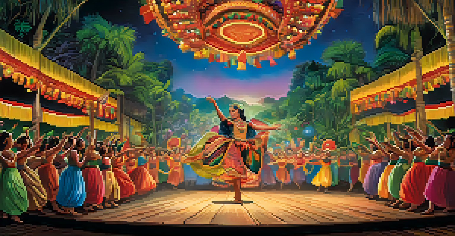 A lively performance from the Parintins Folklore Festival, featuring dancers in elaborate costumes telling the story of Boi-Bumbá against a colorful stage and an engaged audience.