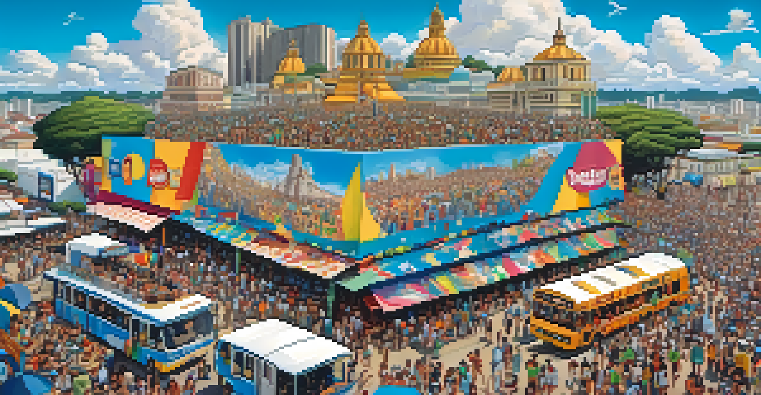Aerial view of a lively street art festival in Brazil, with artists painting murals and crowds enjoying the event.