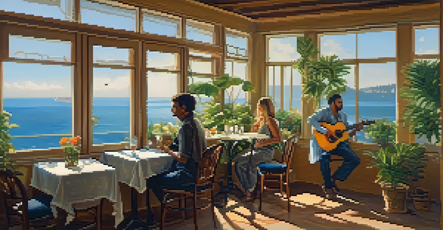 A musician performing bossa nova in a cozy café, with a couple enjoying the music, warm lighting, and ocean waves visible through a window.