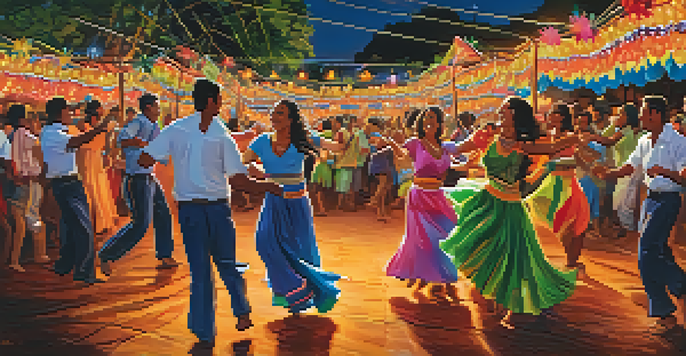 A colorful night festival scene in Northeast Brazil with people dancing joyfully under lights, a band playing music, and traditional clothing.