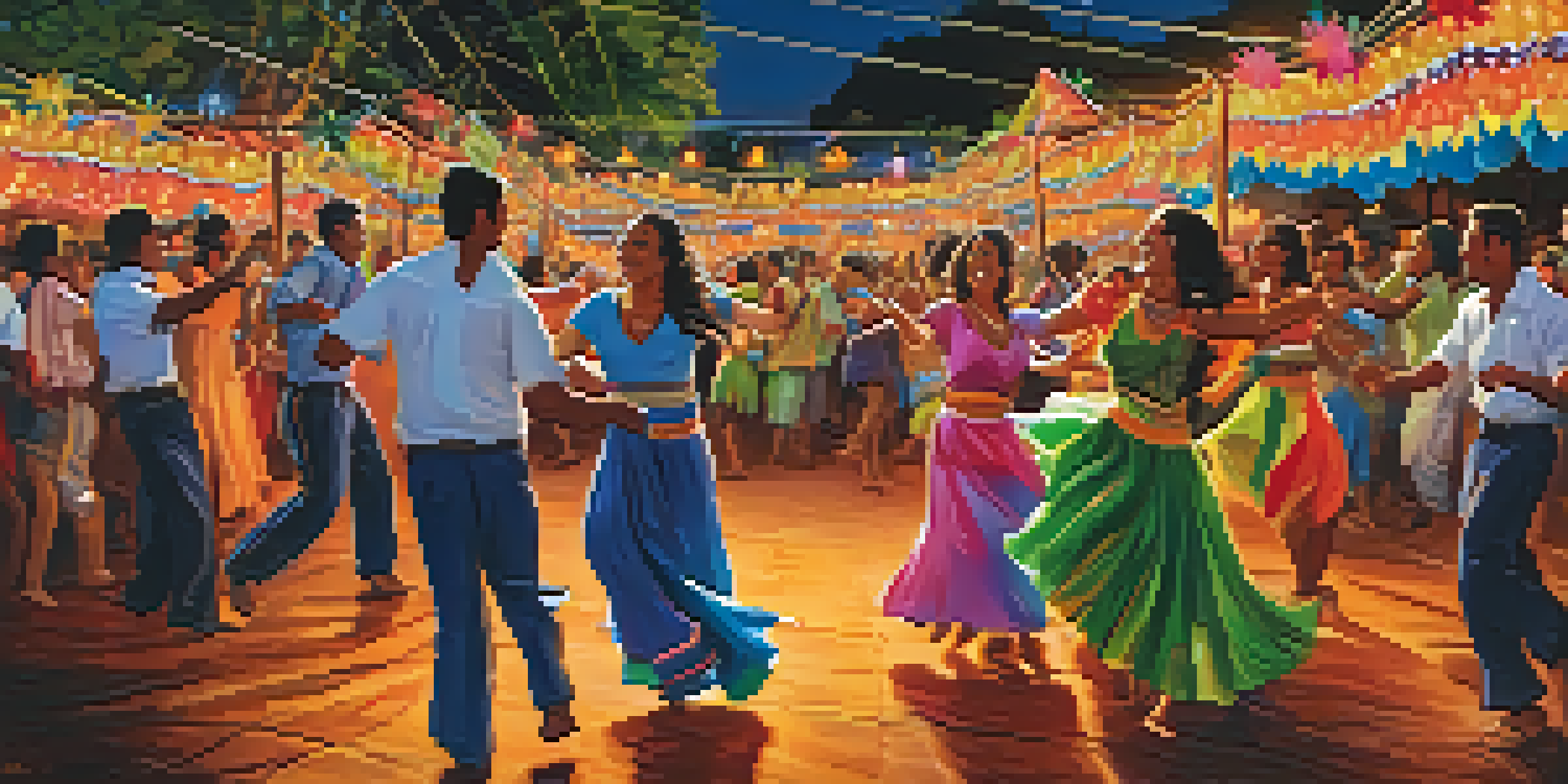 A colorful night festival scene in Northeast Brazil with people dancing joyfully under lights, a band playing music, and traditional clothing.