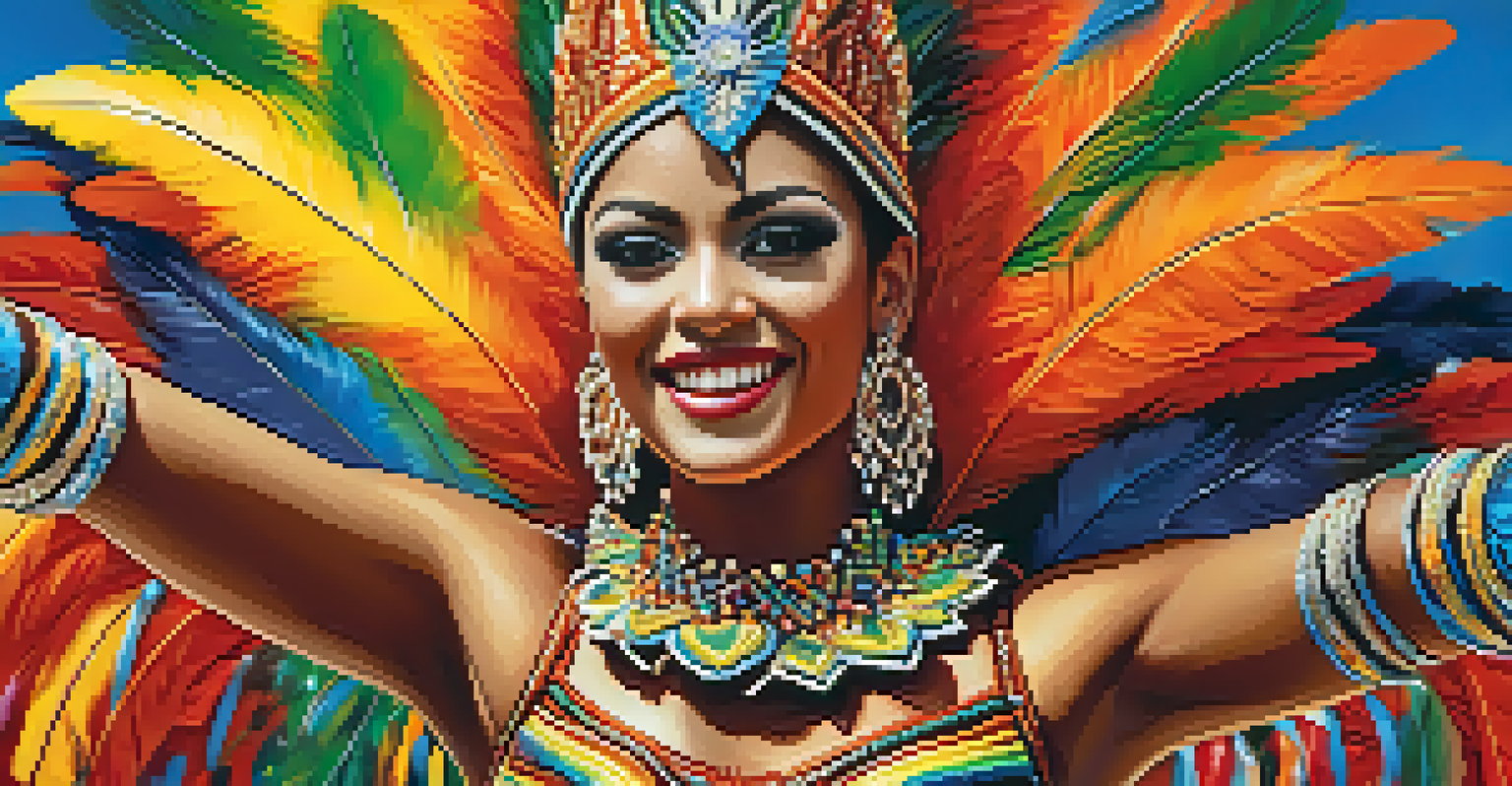 Close-up of a joyful samba dancer in a vibrant costume with feathers and beads, showcasing the intricate details and colors.