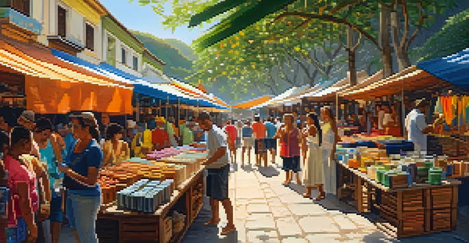 A lively artisan market in Rio de Janeiro with colorful stalls displaying handcrafted items and local artisans interacting with visitors.