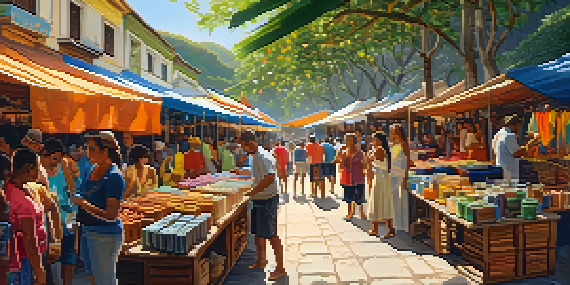A lively artisan market in Rio de Janeiro with colorful stalls displaying handcrafted items and local artisans interacting with visitors.