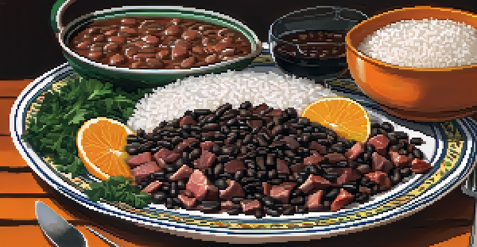 A colorful plate of feijoada with black beans, meats, rice, collard greens, and orange slices on a dining table.