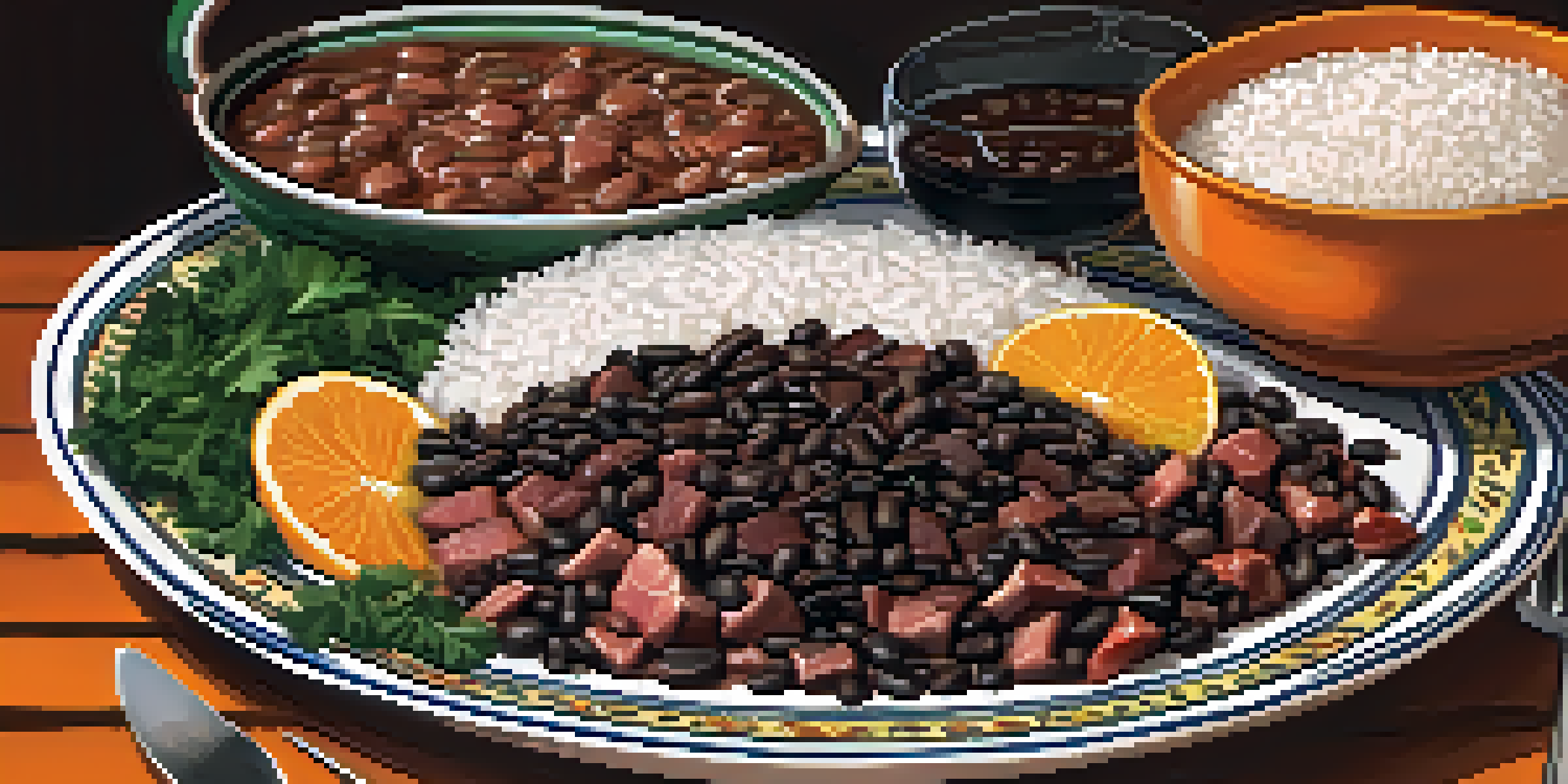 A colorful plate of feijoada with black beans, meats, rice, collard greens, and orange slices on a dining table.