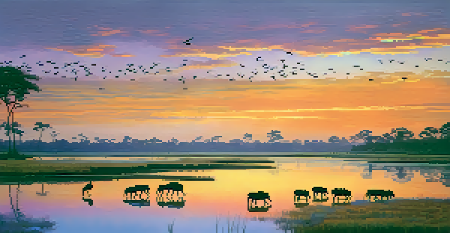 The Pantanal wetlands at sunset with capybaras grazing by the river and colorful reflections in the water.
