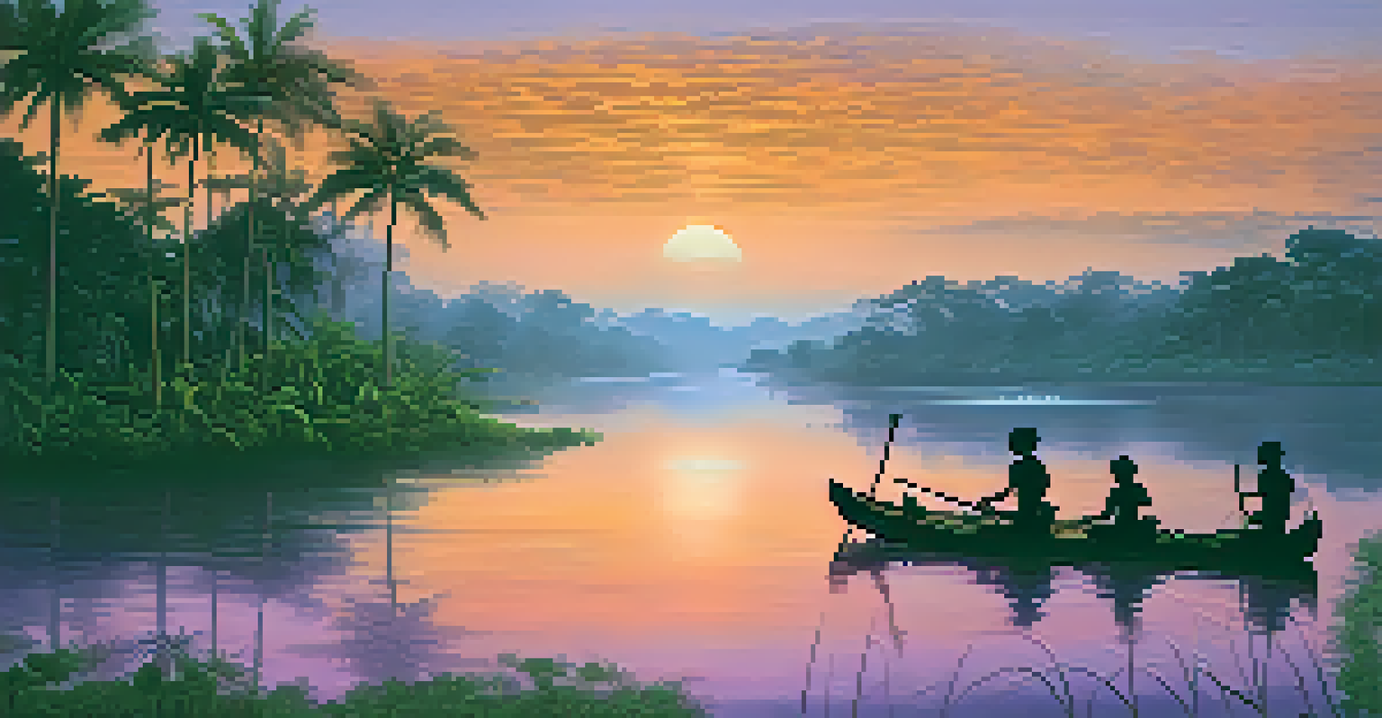 A tranquil Amazon rainforest at dusk, featuring indigenous people in canoes on a river, with a colorful sky reflecting on the water.