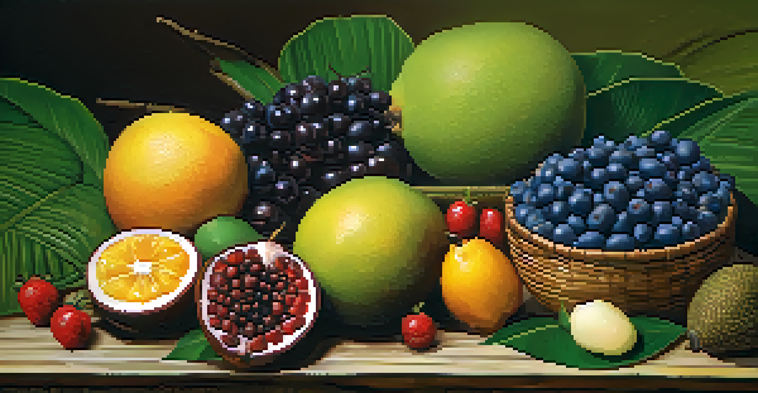 A colorful arrangement of exotic Brazilian fruits on a wooden table, highlighting açaí, guaraná, and cupuaçu against a backdrop of green leaves.