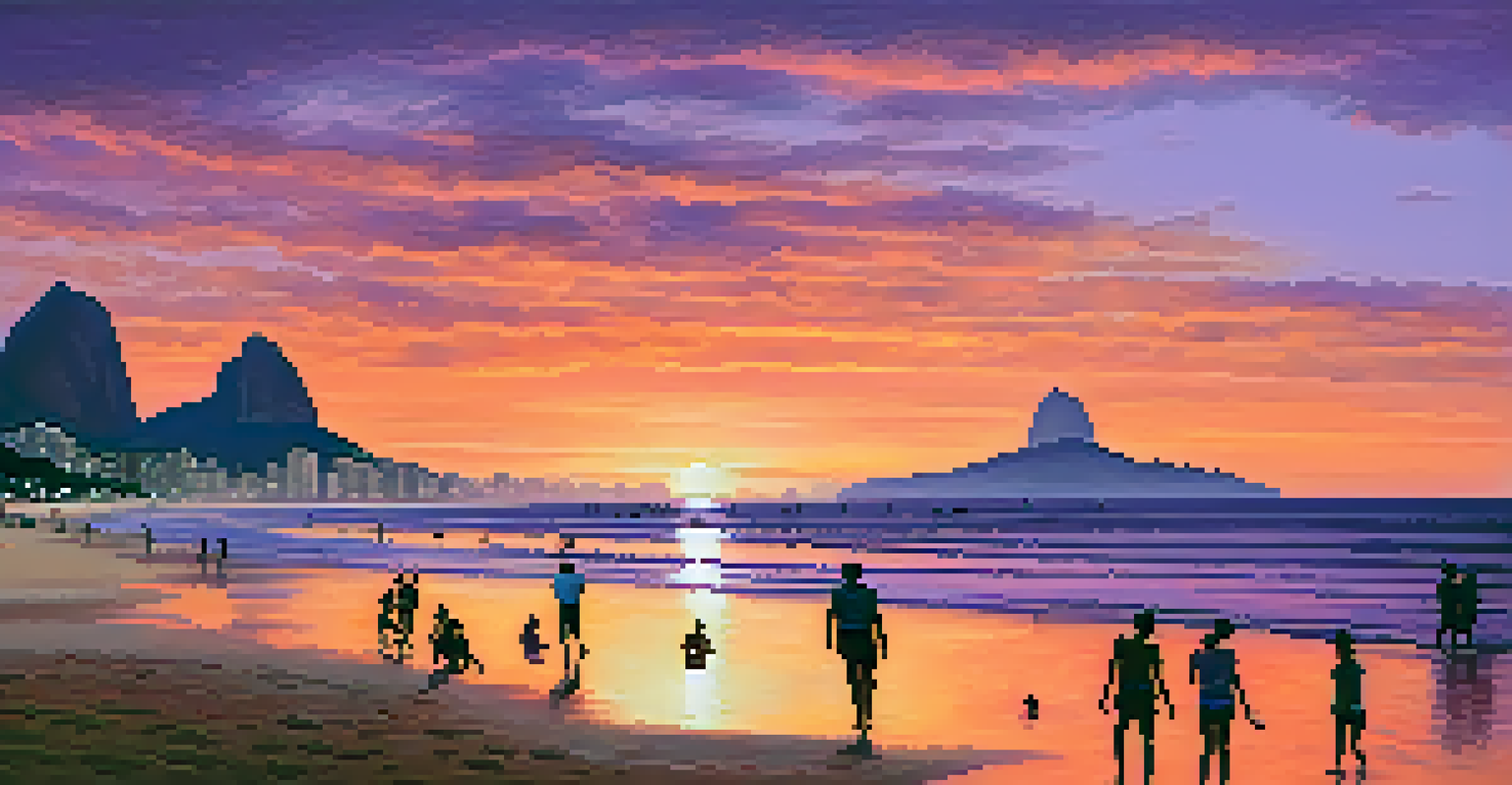 A stunning sunset over Ipanema Beach with vibrant colors reflecting on the water and silhouettes of people in the foreground.
