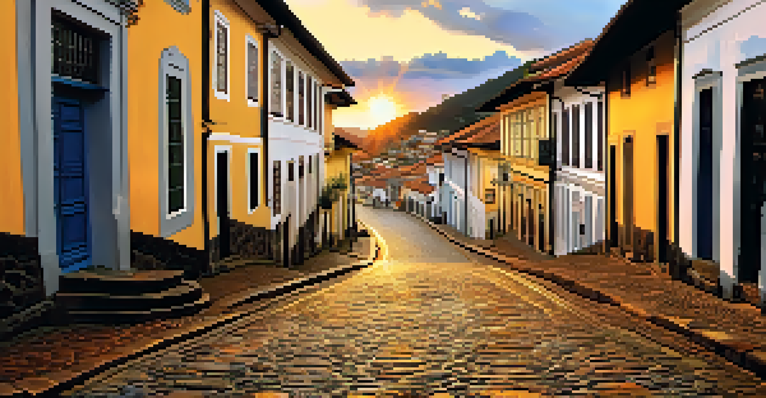 A charming cobblestone street in Ouro Preto with baroque churches and a sunset sky.