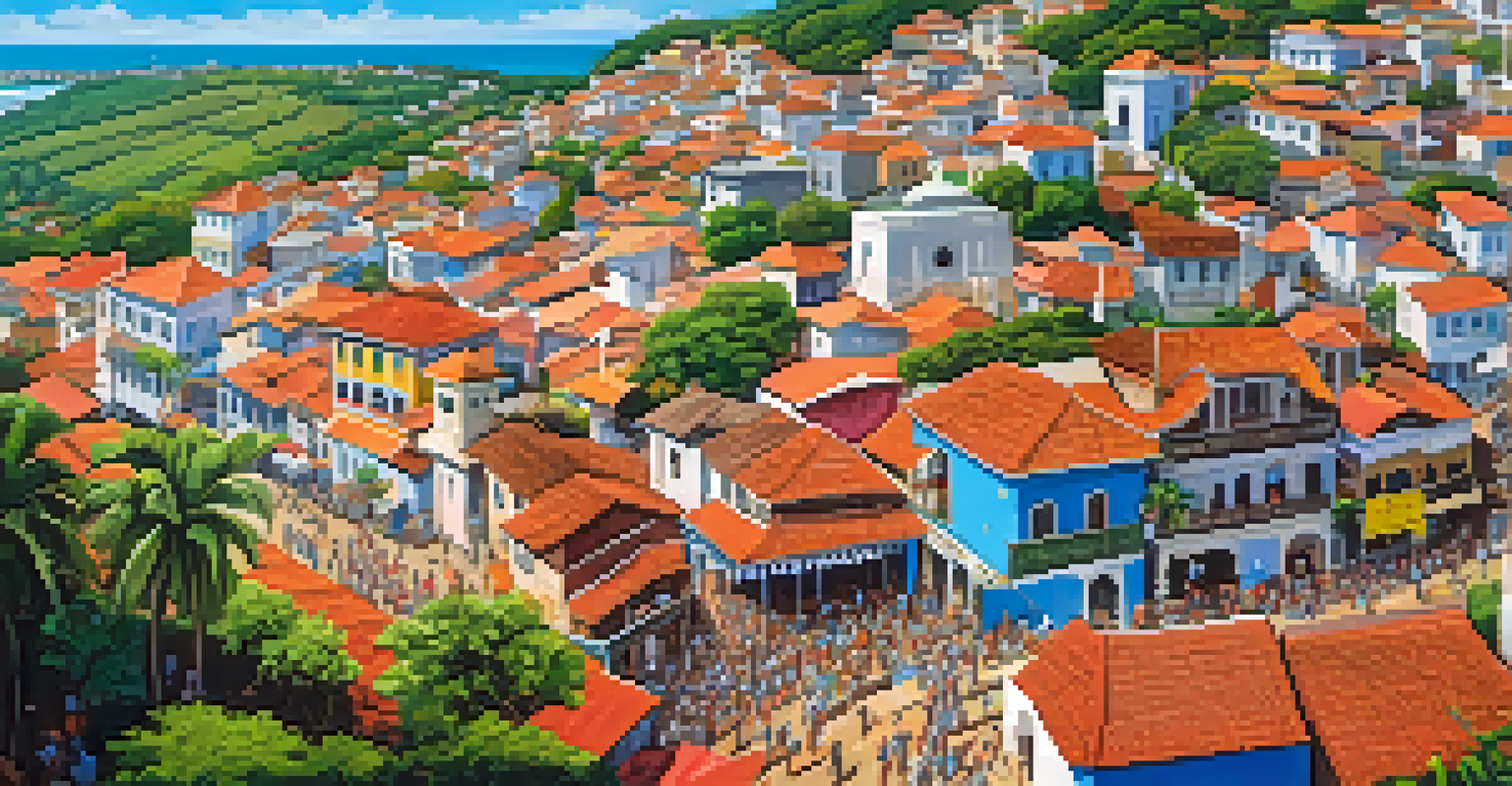 A vibrant aerial view of Olinda showcasing colorful buildings and carnival festivities with dancers in costumes against a blue sky.