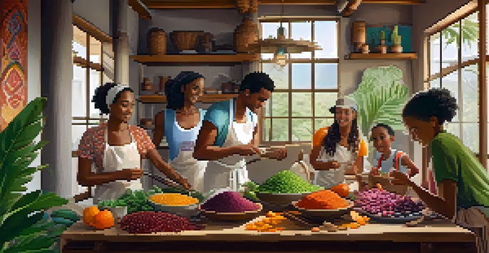 A lively cooking workshop in Brazil, with people preparing fresh ingredients and a bright kitchen filled with natural light.