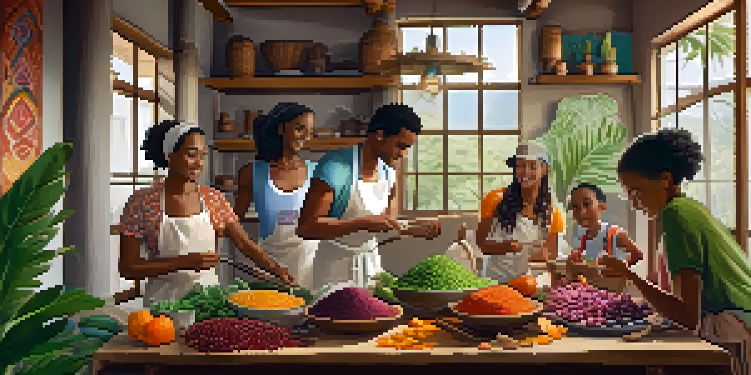 A lively cooking workshop in Brazil, with people preparing fresh ingredients and a bright kitchen filled with natural light.