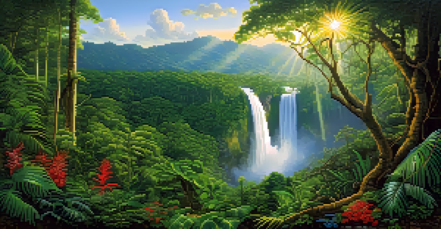 A picturesque view of the Atlantic Forest, highlighting diverse trees and vibrant flora, with a waterfall in the background and sunlight filtering through the leaves.