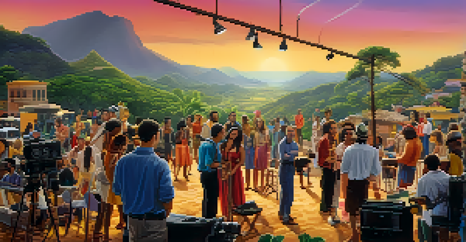 A busy film set with a diverse group of filmmakers and actors, surrounded by equipment and a Brazilian landscape.