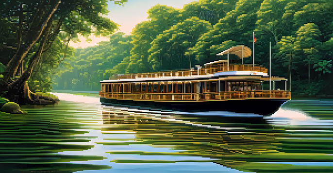 A river cruise boat on the Amazon River, surrounded by lush rainforest and sunlight shining through the trees.