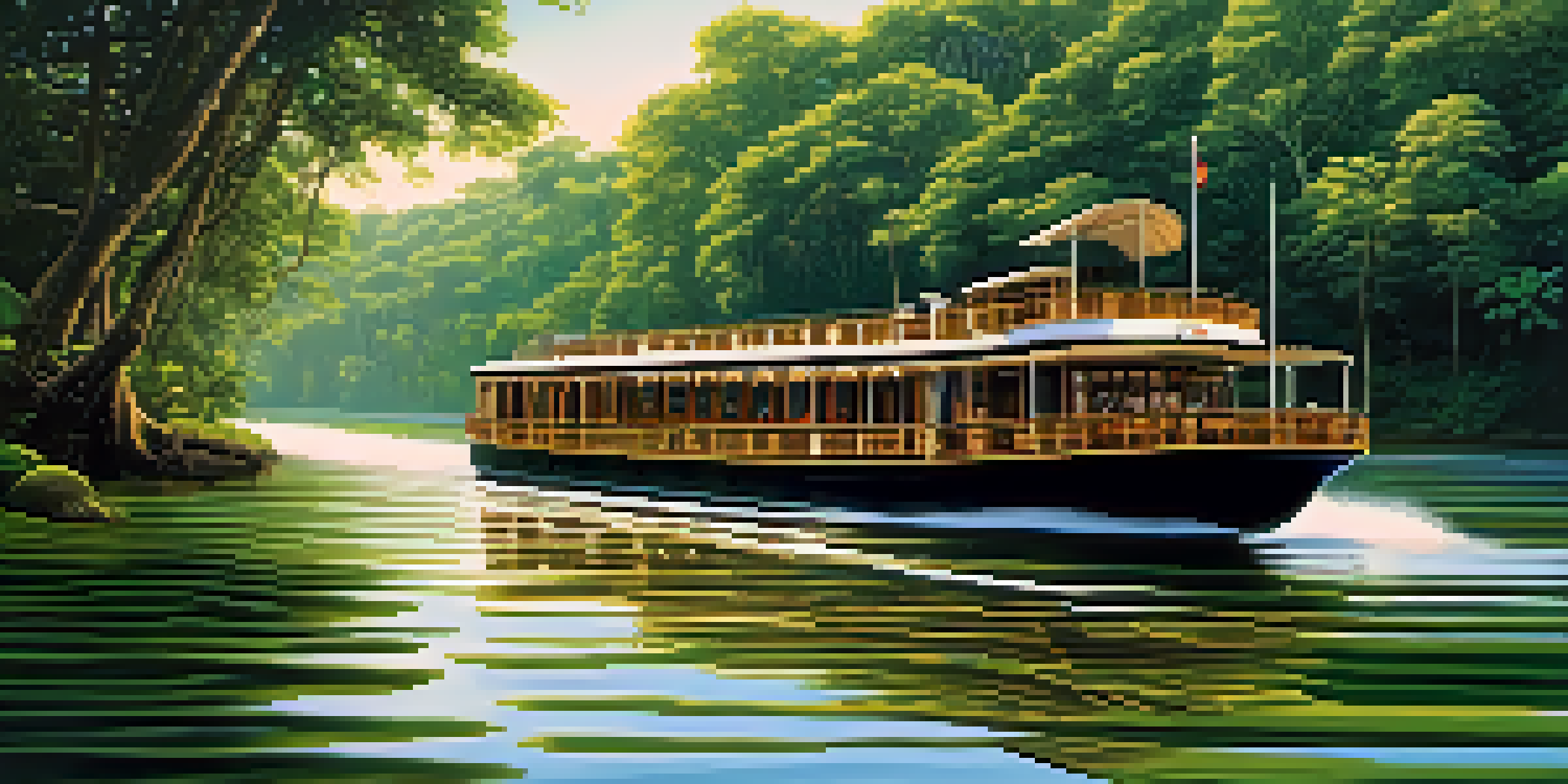 A river cruise boat on the Amazon River, surrounded by lush rainforest and sunlight shining through the trees.