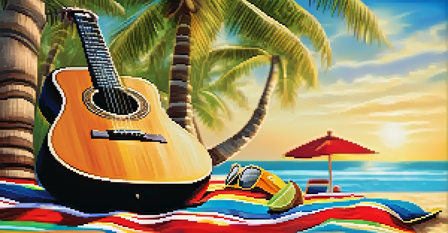 A Bossa Nova guitar on a beach blanket with sunglasses and a coconut drink, surrounded by a sunny beach background.