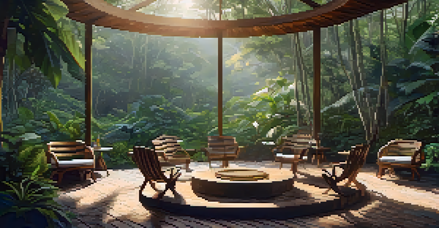 A warm gathering space in the Atlantic Forest with wooden chairs arranged in a circle, participants engaged in conversation surrounded by lush greenery in soft morning light.