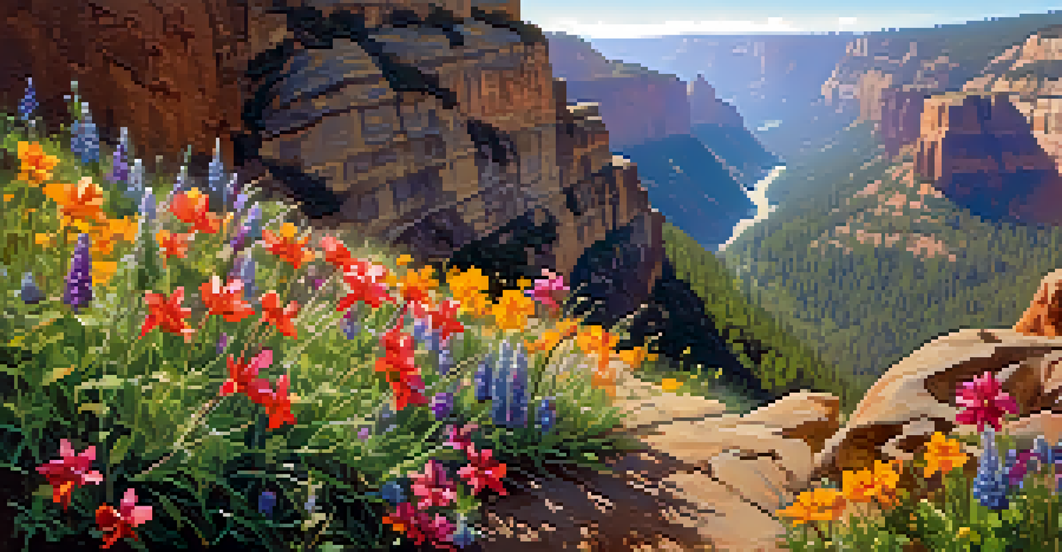 Colorful wildflowers in the foreground with steep canyon cliffs in the background, showcasing nature's beauty.