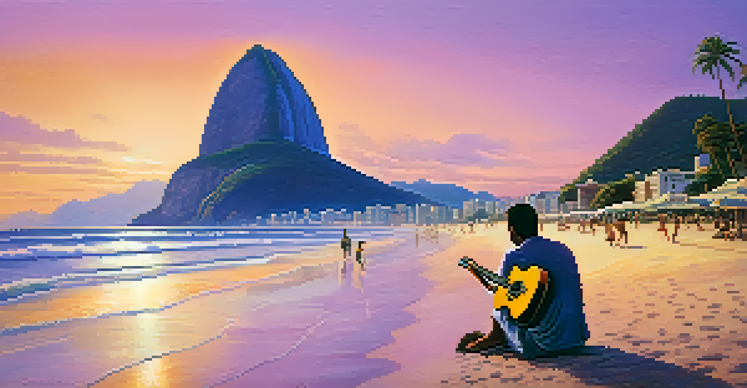 A musician playing Bossa Nova on the beach at sunset in Rio de Janeiro.