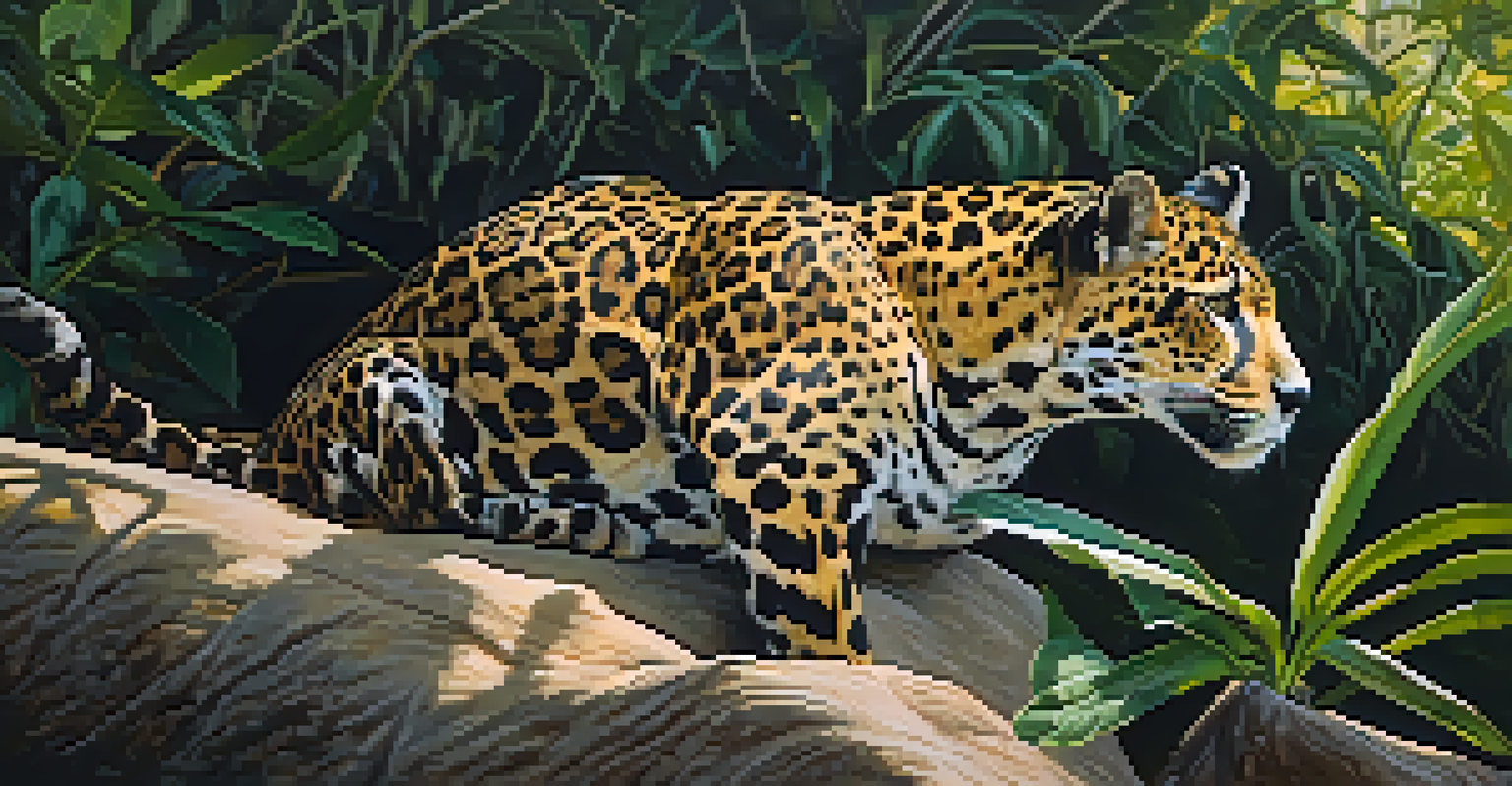 A jaguar resting by the river in the Pantanal, surrounded by green foliage and colorful birds, with sunlight filtering through the trees.
