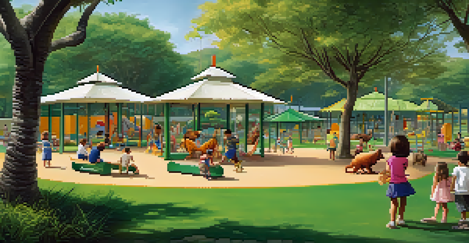 Children having a picnic and playing in a grassy area of the zoo, with animal enclosures in the background.