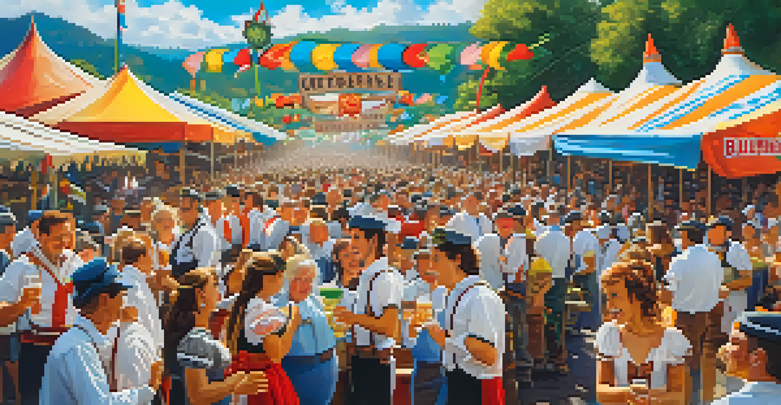 A lively Oktoberfest scene with a crowd enjoying food and colorful floats, featuring participants in traditional German costumes.
