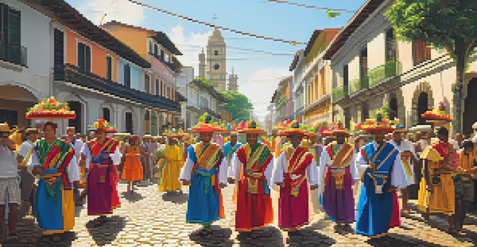 A colorful Easter procession in Brazil with people in traditional clothing and religious symbols on a cobblestone street under warm sunlight.