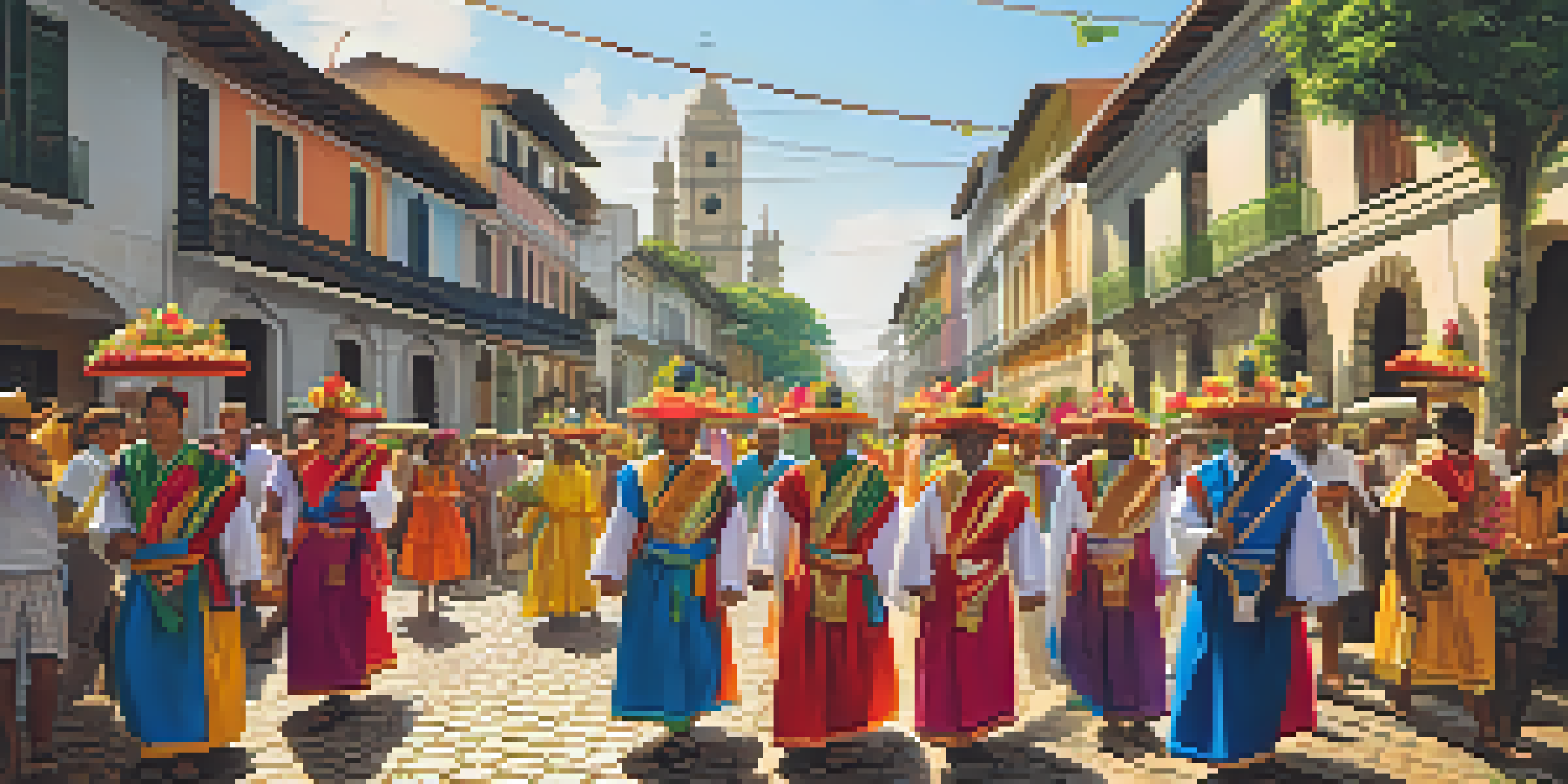 A colorful Easter procession in Brazil with people in traditional clothing and religious symbols on a cobblestone street under warm sunlight.