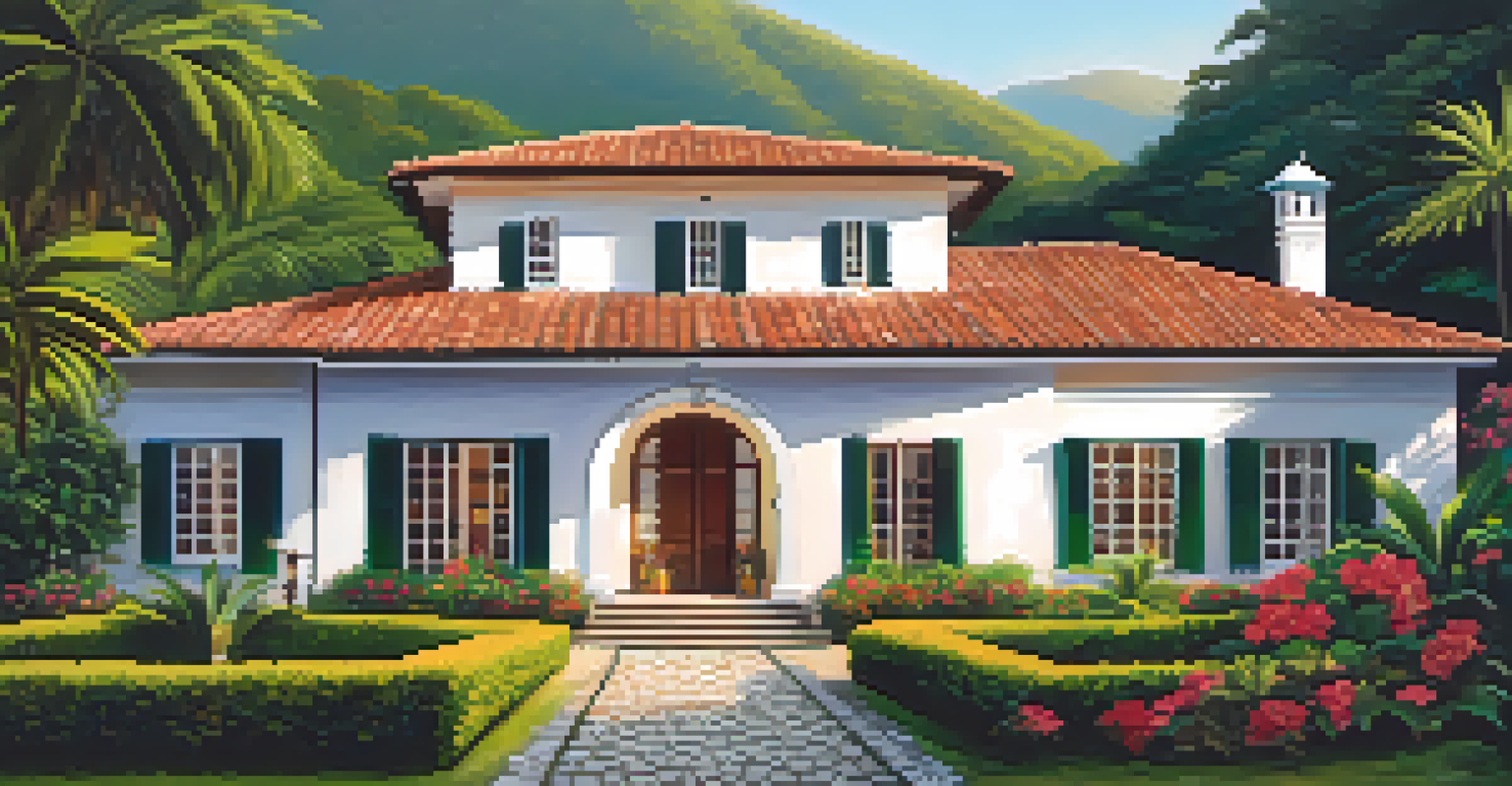 A charming colonial-style villa in Paraty with cobblestone pathways, vibrant gardens, and a private pool, illuminated by soft evening light.