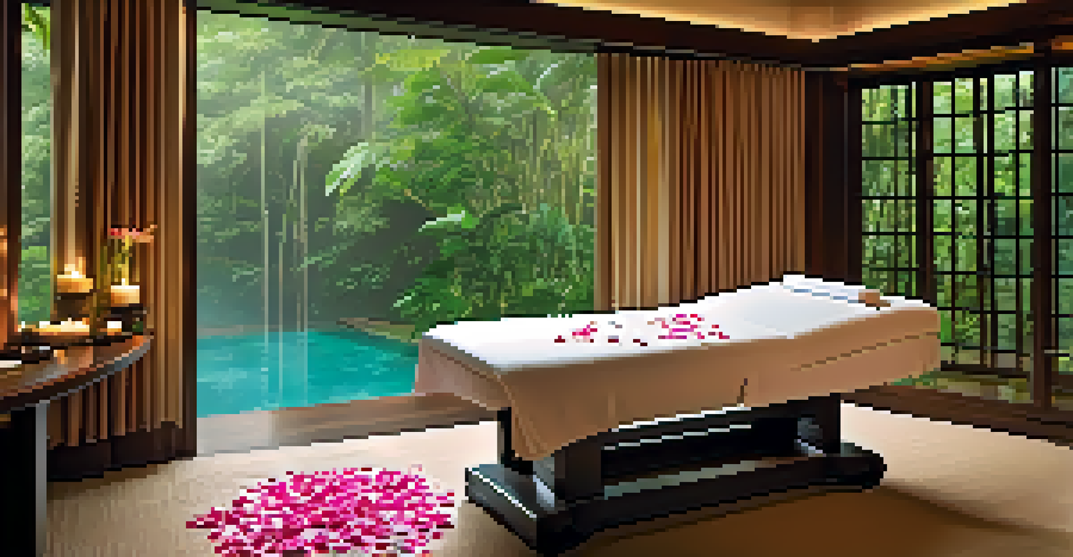 An elegant spa room with a massage table, ambient lighting, and a view of a lush rainforest, designed for relaxation and wellness.