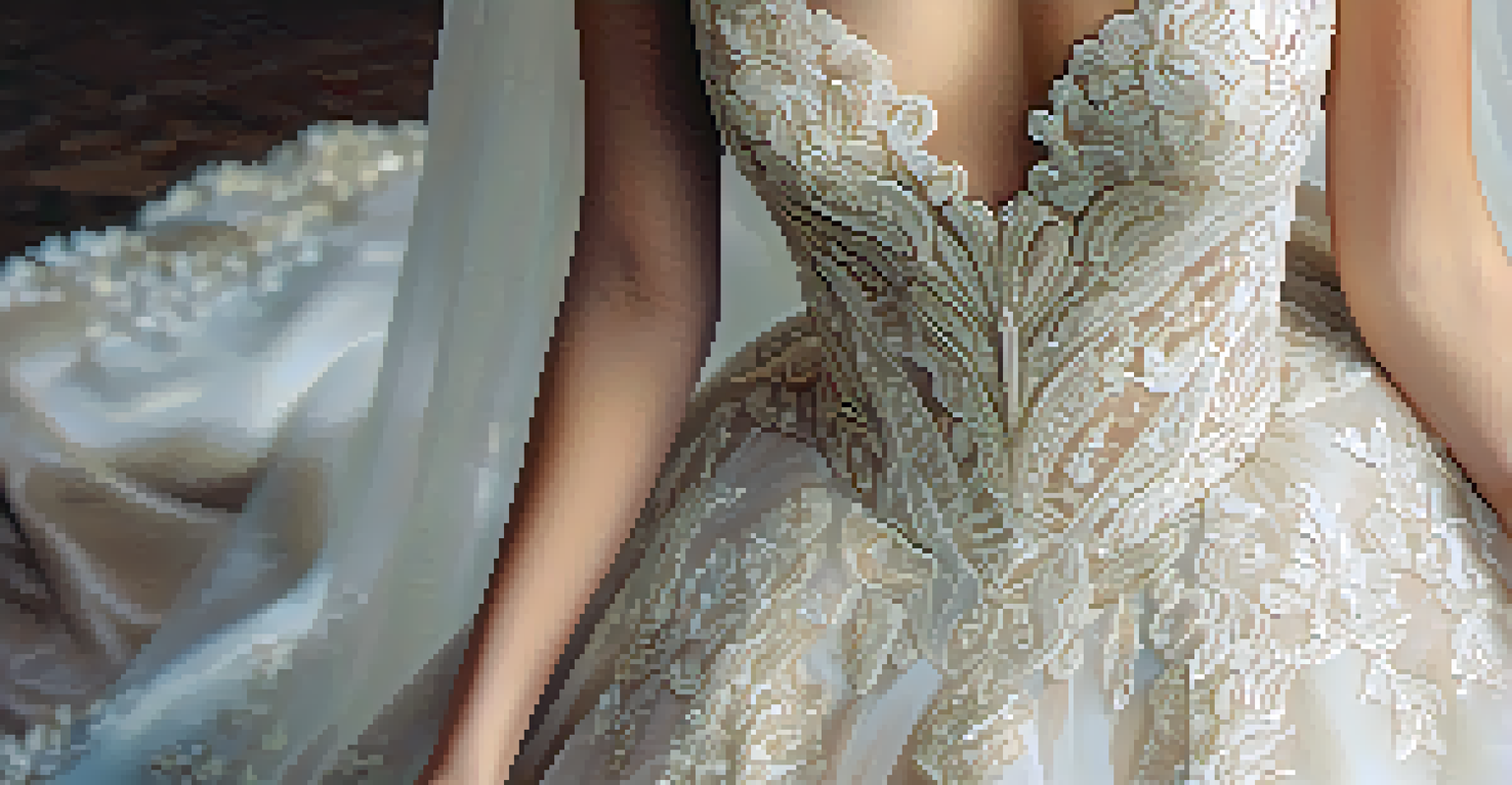 A close-up of a luxurious bridal gown with intricate embroidery and lace details, illuminated by soft natural light.